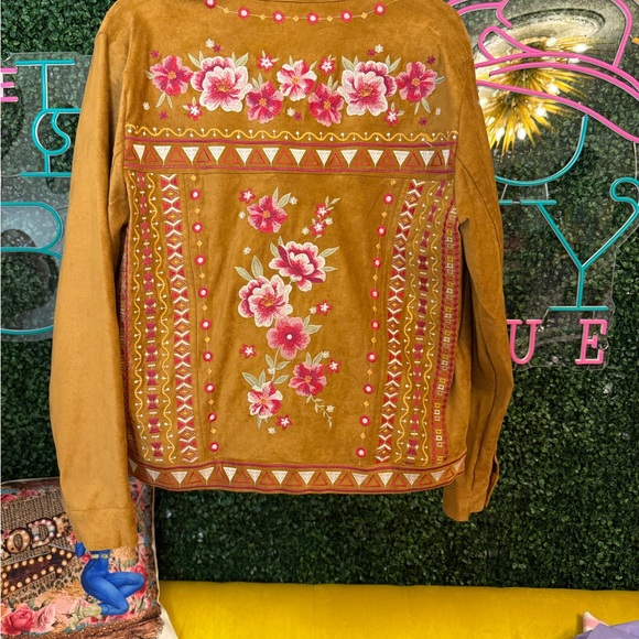 Savanna Jane Jackets & Blazers - Savanna Jane Tan Faux Suede Jacket with Floral Embroidery NWT Size L